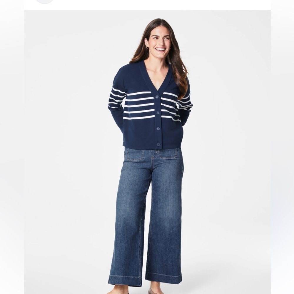 SPANX Airessentials Navy and White Striped Cardigan - Picture 3 of 6
